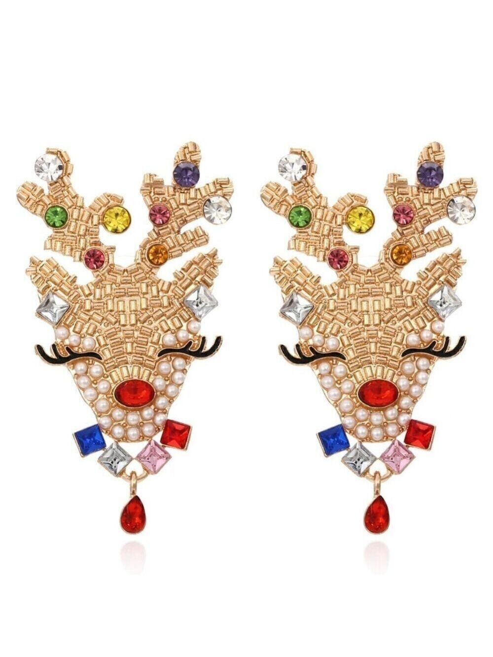 Christmas Themed Rudolf Reindeer Earrings With Rhinestone , Stud Backs
